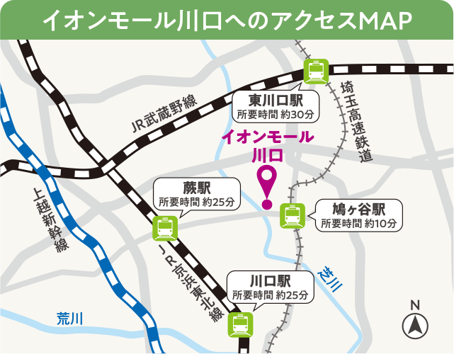 電車最寄駅からイオンモールへのアクセスマップ広域地図