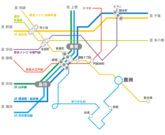 アーバンドック ららぽーと豊洲へ電車で行く場合の周辺主要駅からの路線図