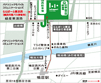 JR横浜線の鴨居駅から、ららぽーと横浜までの道案内地図
