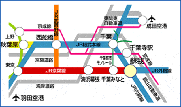 JR蘇我駅までの電車路線図